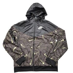 Nike Jacket Youth XL Black Neon Swoosh‎ Windbreaker Hooded Loose Fit Grid Print